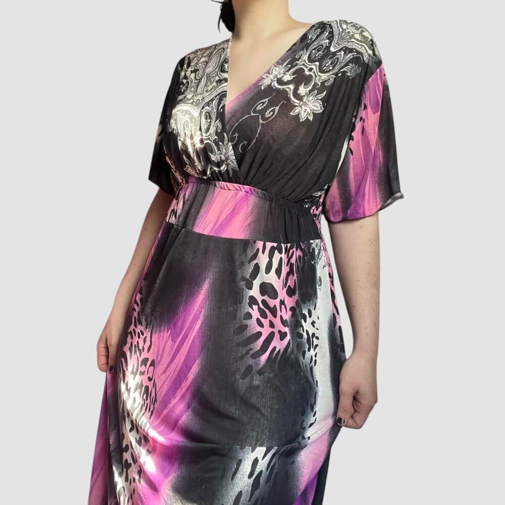 Semi Sheer Short Sleeve Pink Black Cheetah Print Maxi Dress L / XL